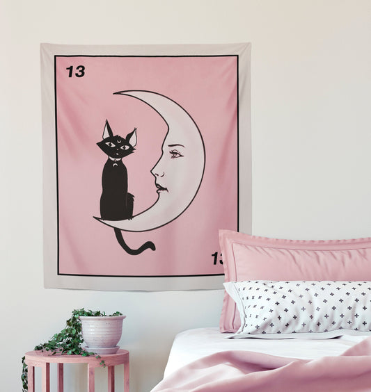 La Luna Cartoon Cat Card Moon Pink Tapestry