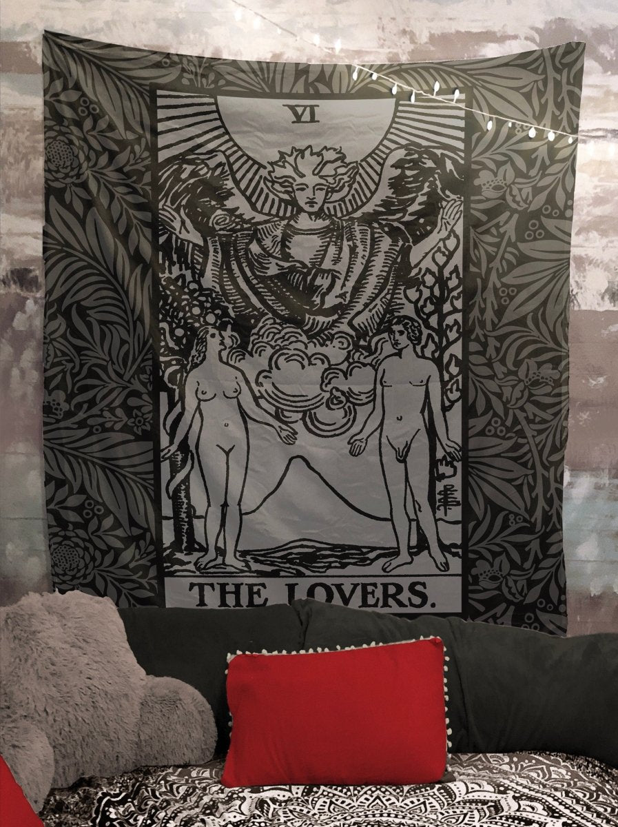 The Lovers Tarot Card Tapestry – Rider Waite Black & Gray