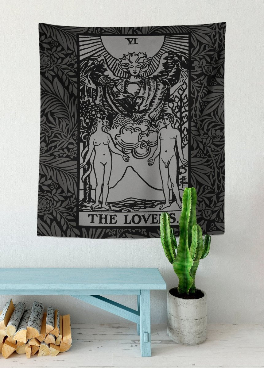 The Lovers Tarot Card Tapestry – Rider Waite Black & Gray