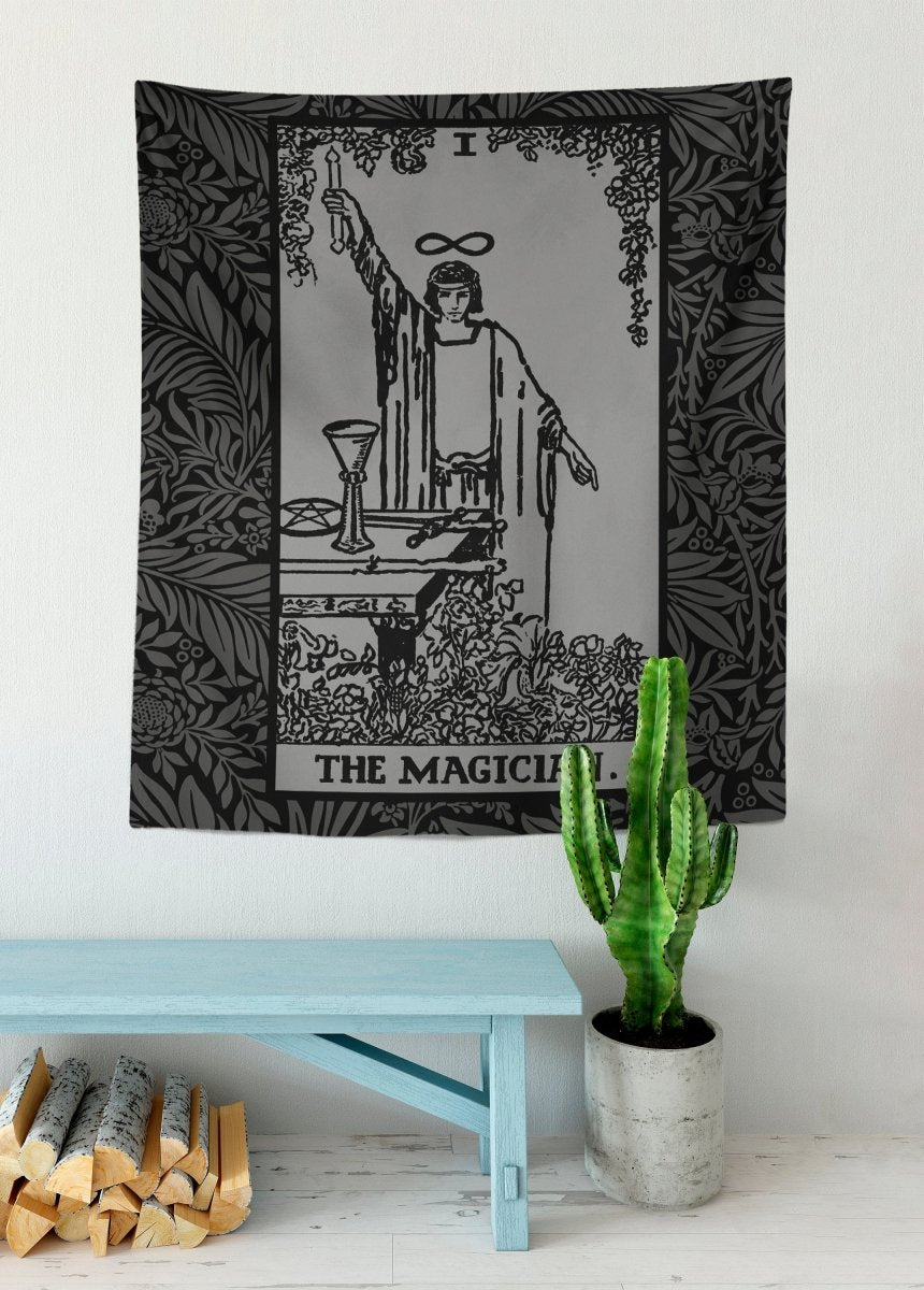 The Magician Tarot Card Tapestry, Black and Grey