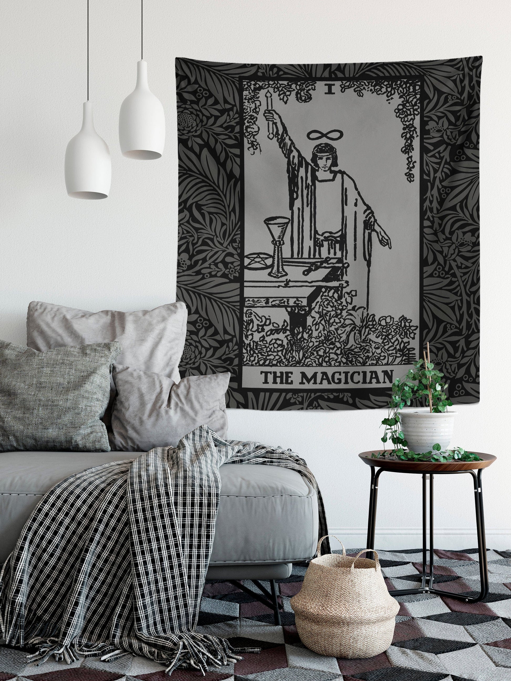 The Magician Tarot Card Tapestry, Black and Grey