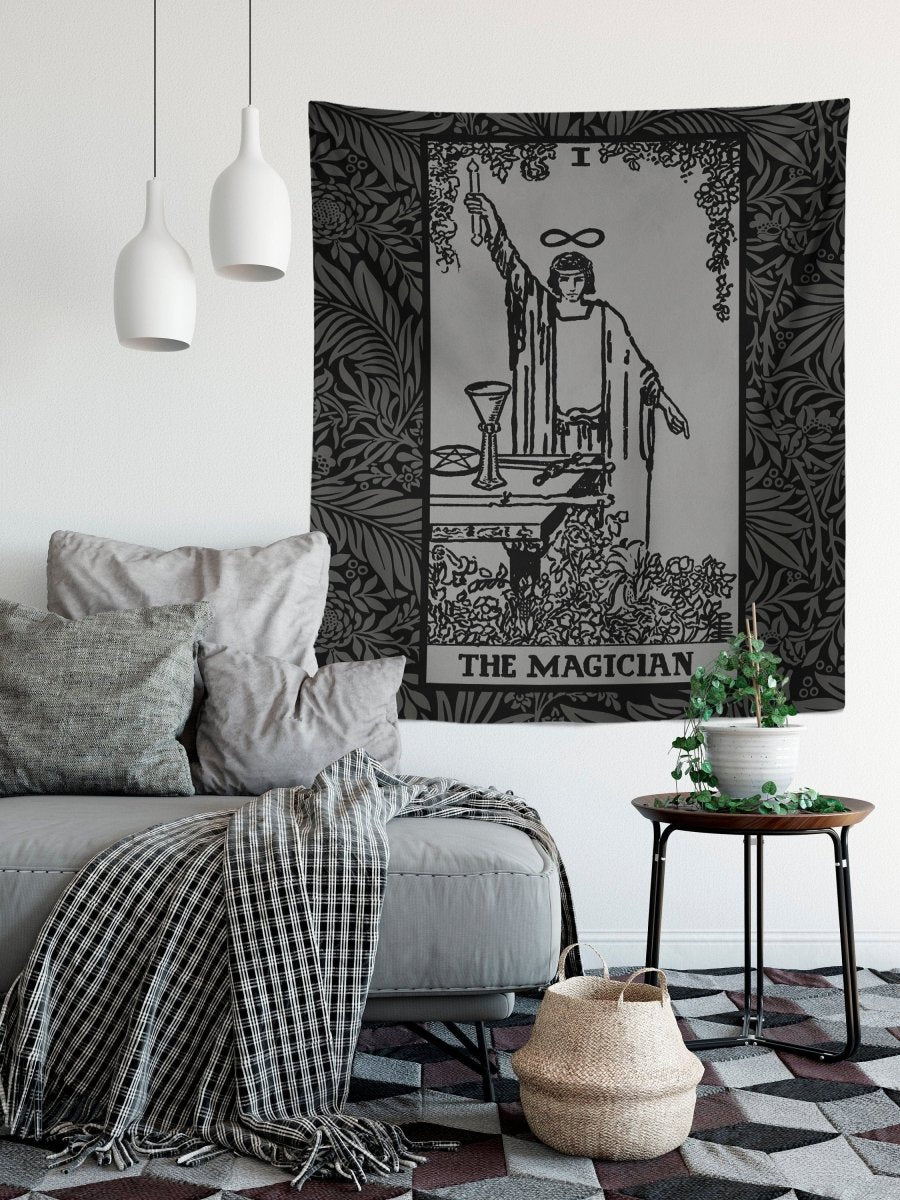 The Magician Tarot Card Tapestry, Black and Grey