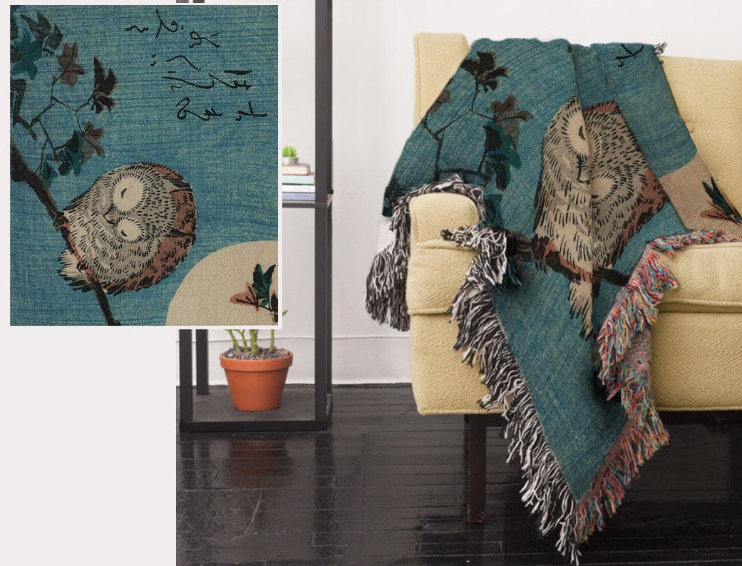 Japanese Owl Woven Blanket: Vintage Hiroshige Design by DesignBohemian