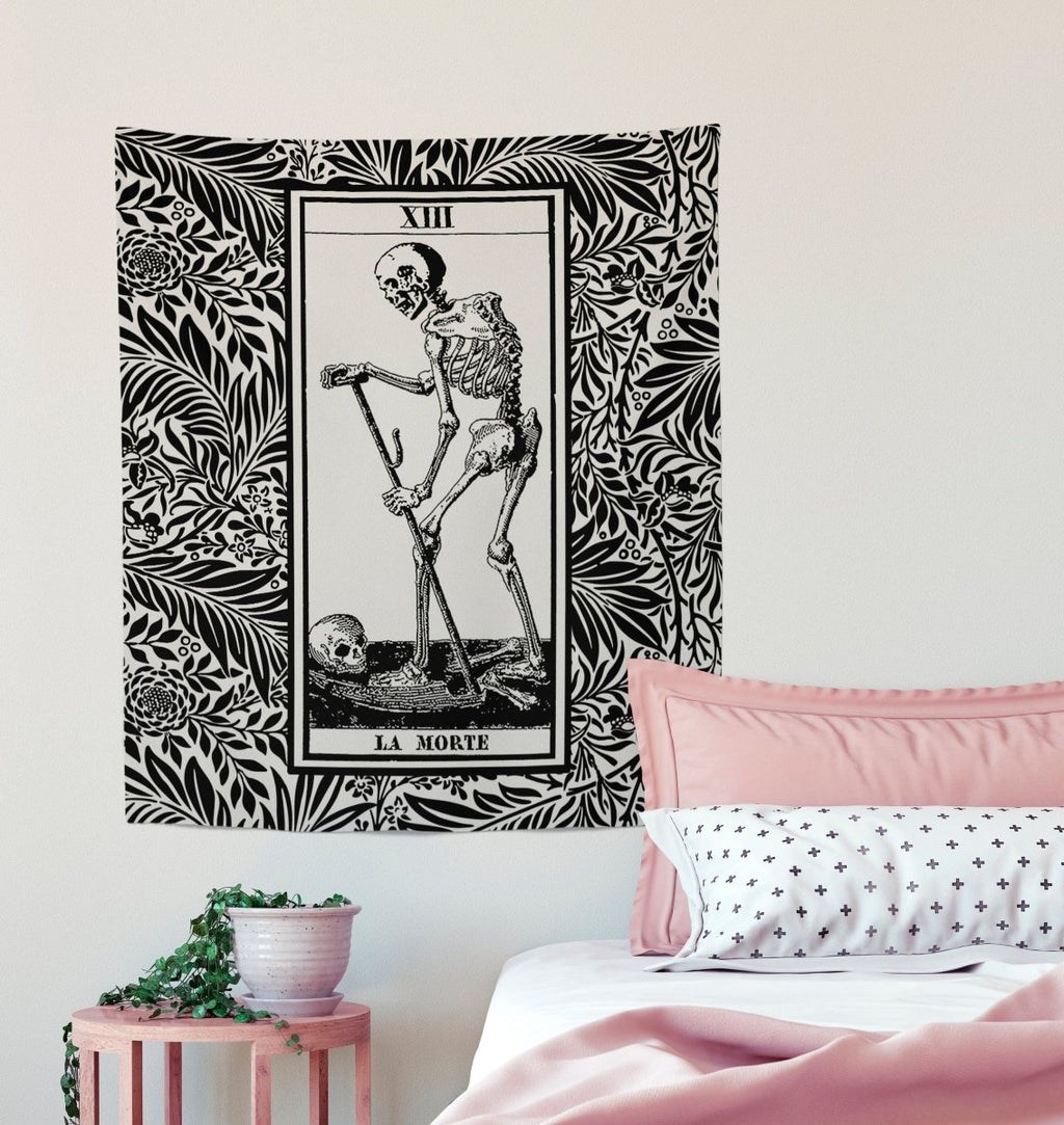 Death Tarot Card Tapestry - La Mort Black and Gray Wall Hanging