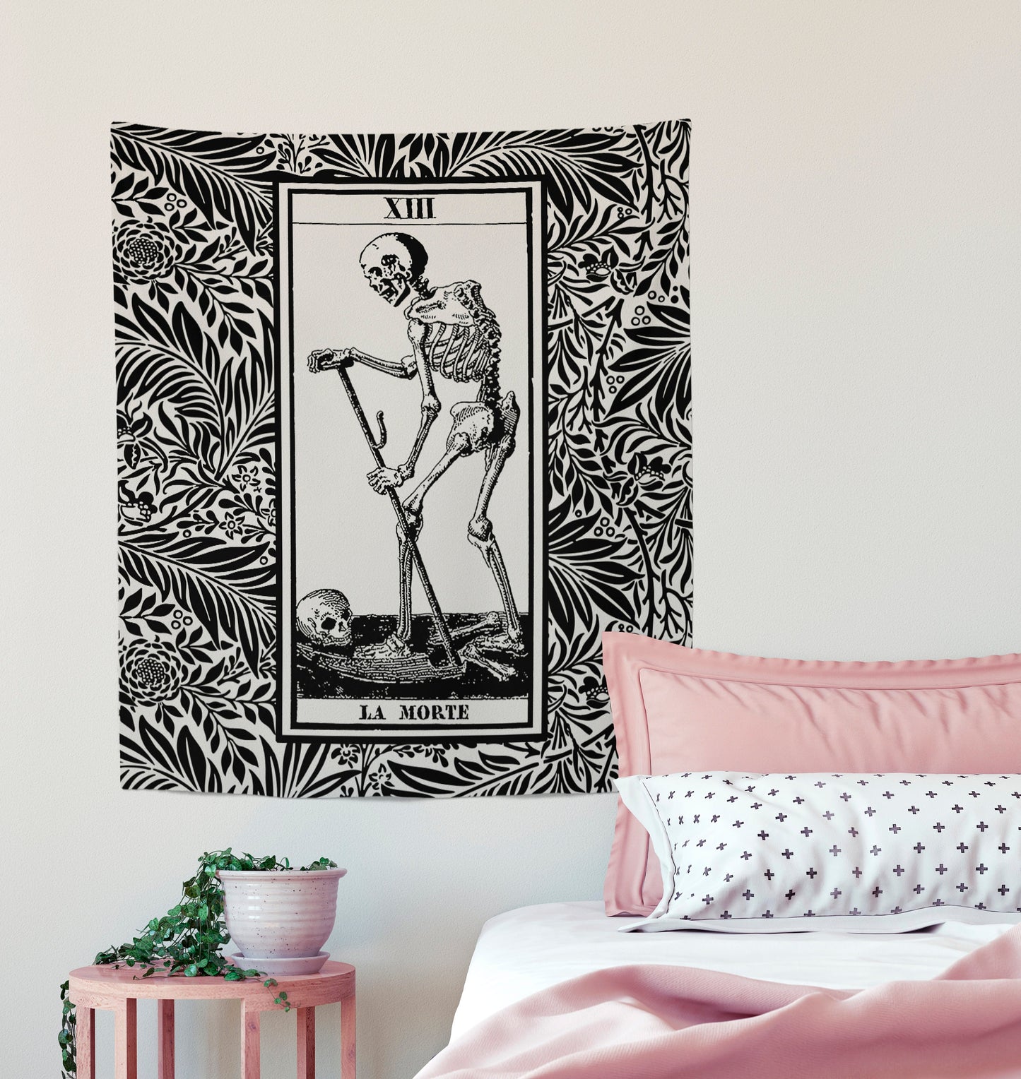 Death Tarot Card Tapestry - La Mort Black and Gray Wall Hanging