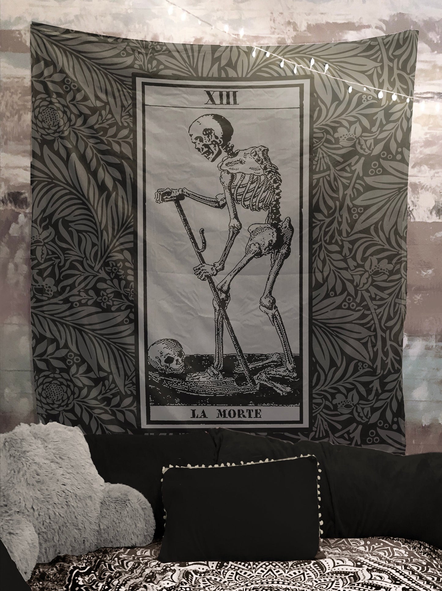 La Mort Tarot Card Tapestry - Death Tarot of Marseille, Black & Gray