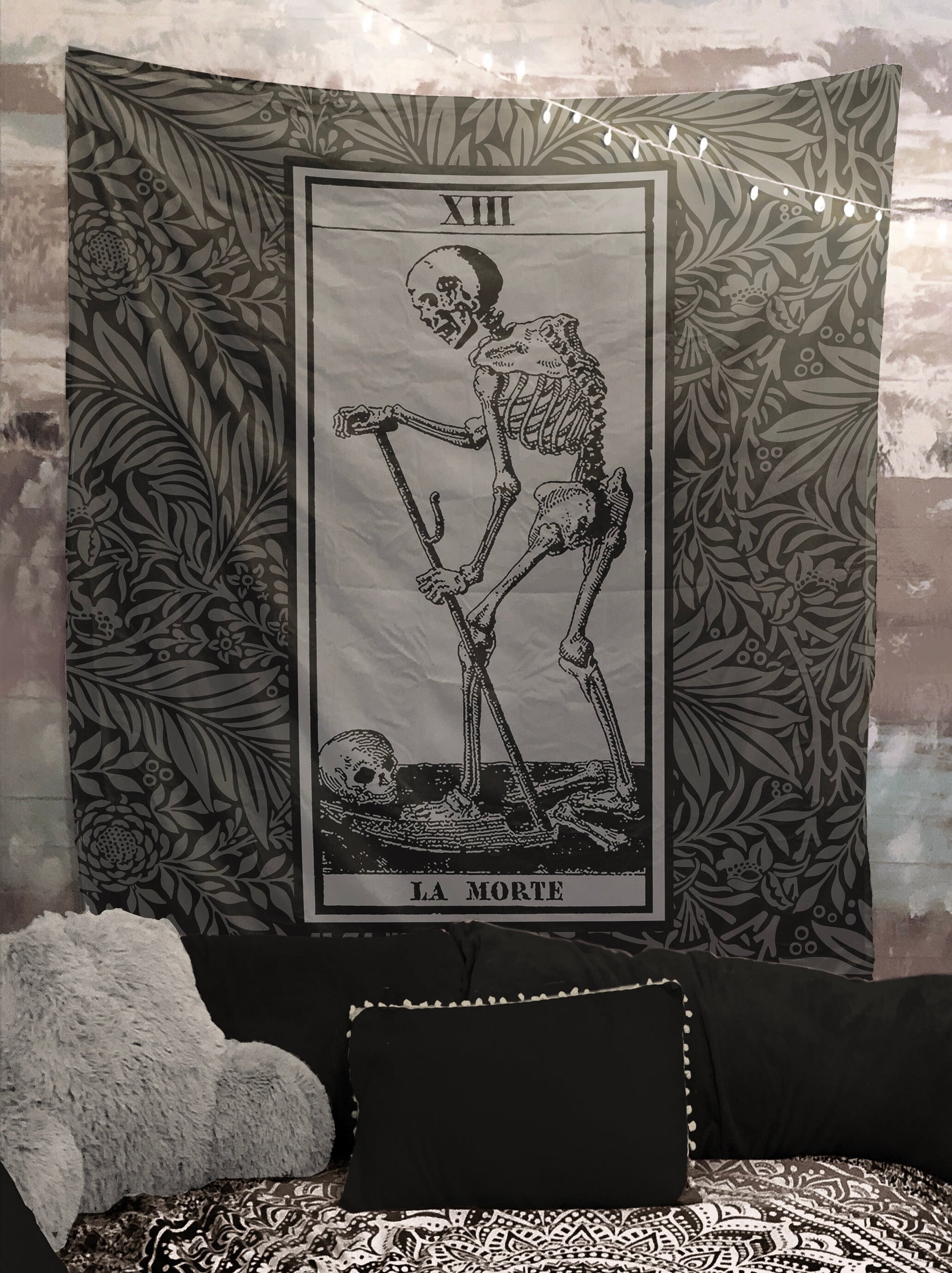 La Mort Tarot Card Tapestry - Death Tarot of Marseille, Black & Gray