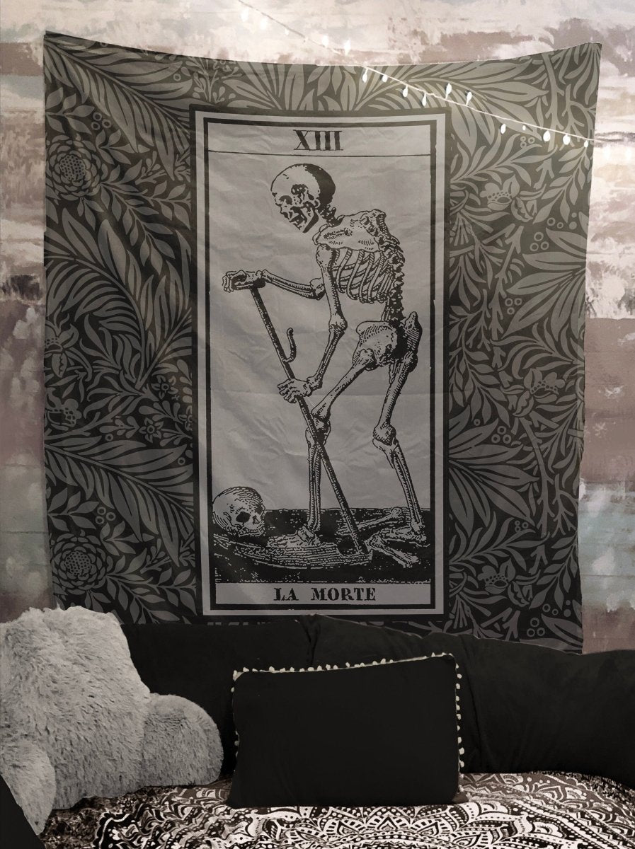 La Mort Tarot Card Tapestry - Death Tarot of Marseille, Black & Gray