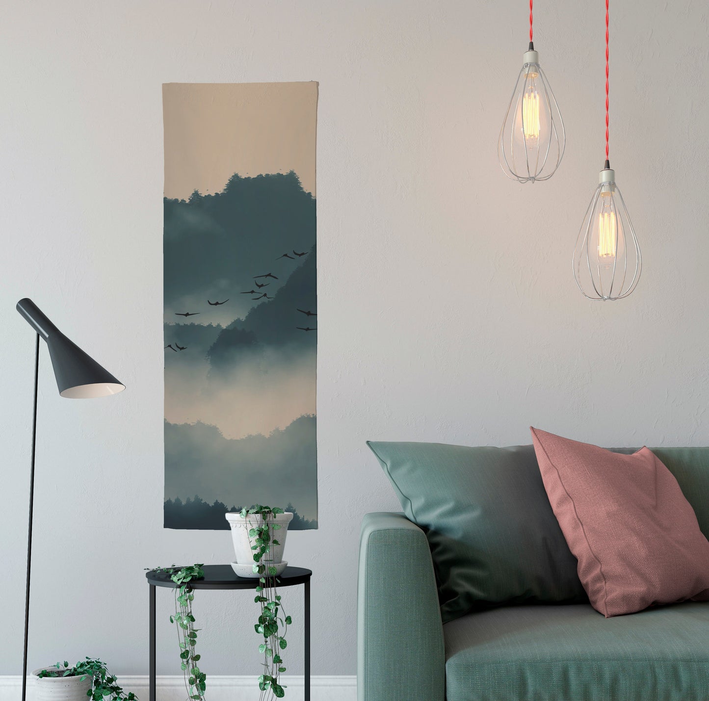 Japanese Mountains Long Wall Tapestry Green Cotton by DesignBohemian