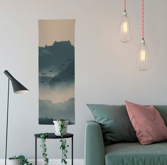 Japanese Mountains Long Wall Tapestry Green Cotton by DesignBohemian