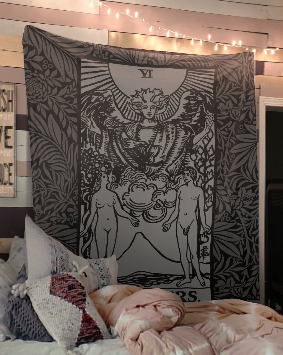 The Lovers Tarot Card Tapestry – Rider Waite Black & Gray