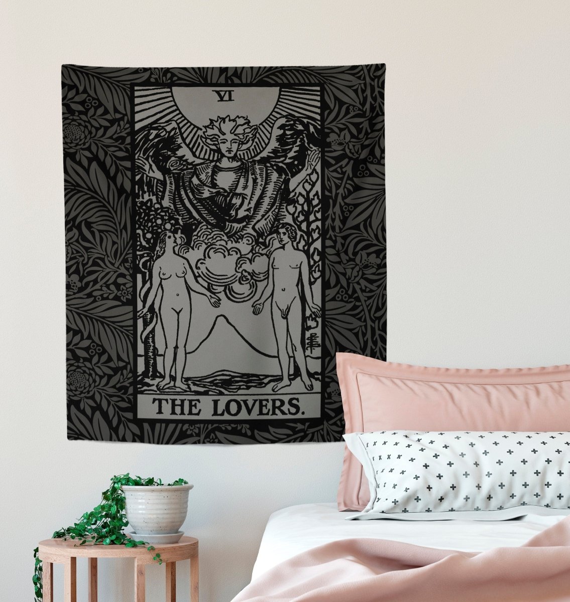 The Lovers Tarot Card Tapestry – Rider Waite Black & Gray