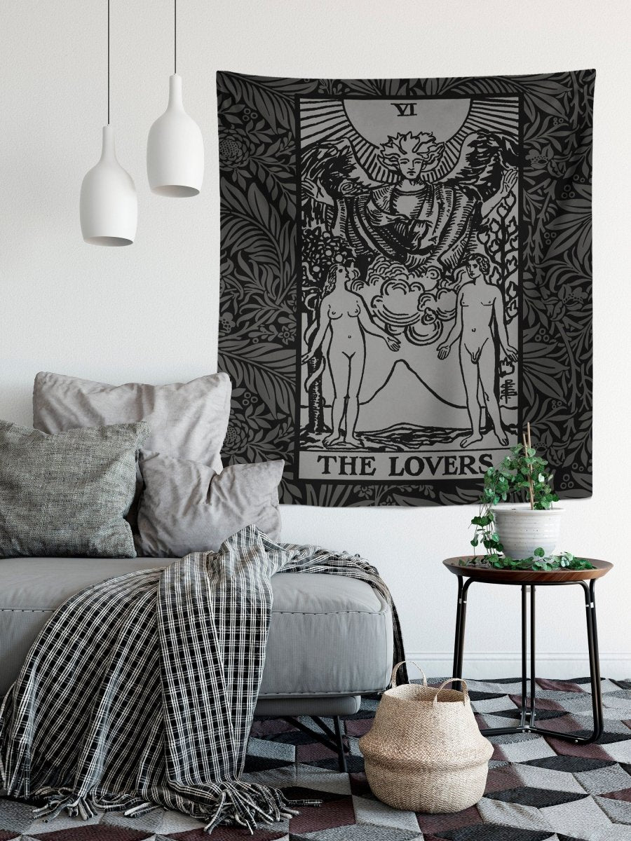 The Lovers Tarot Card Tapestry – Rider Waite Black & Gray