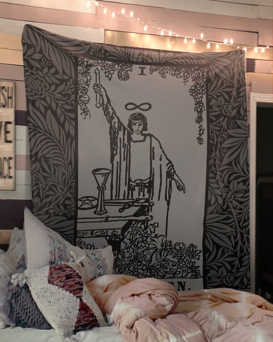 The Magician Tarot Card Tapestry, Black and Grey