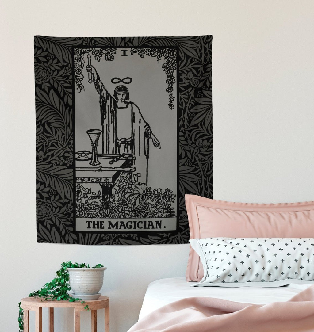 The Magician Tarot Card Tapestry, Black and Grey