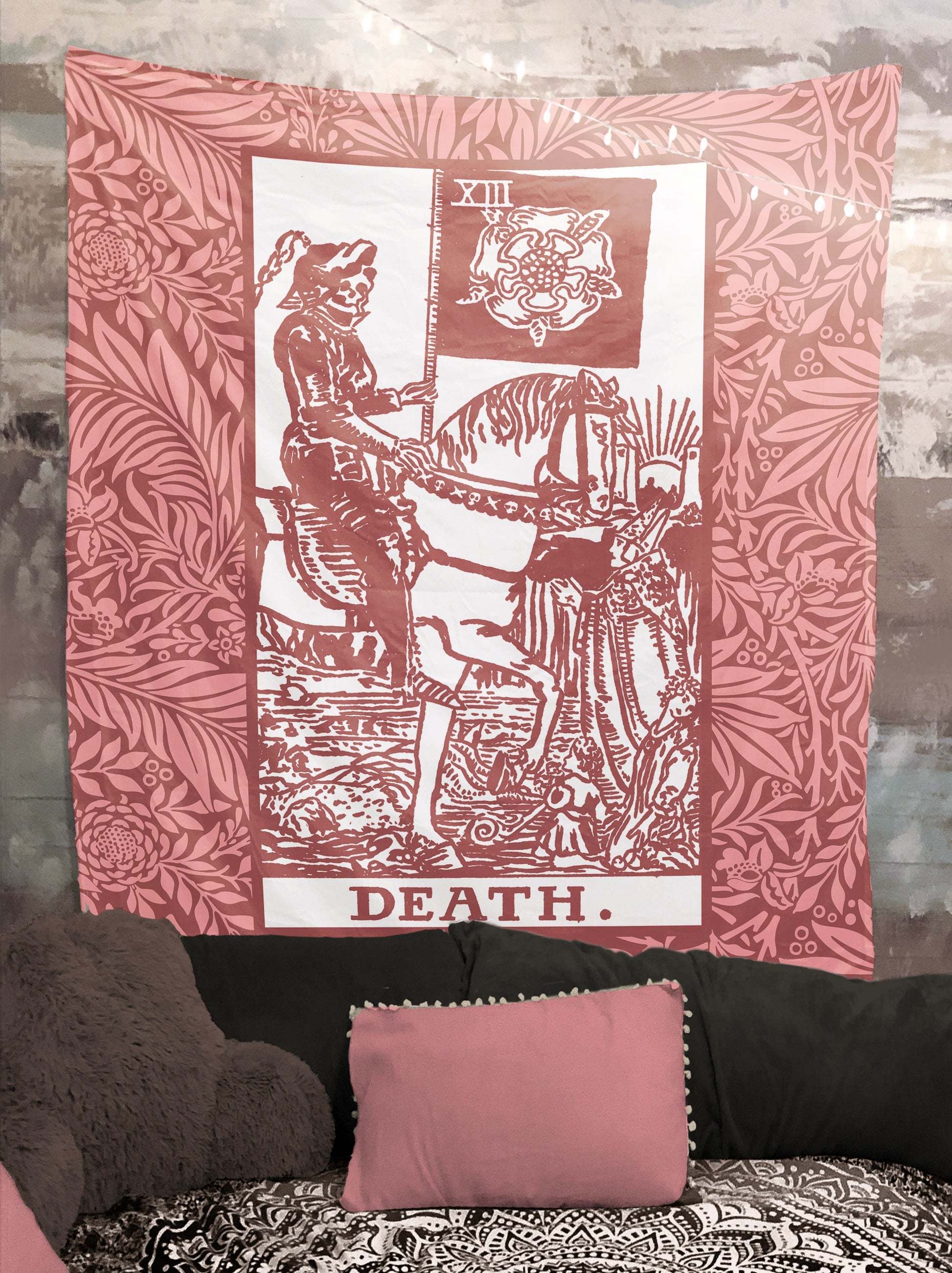 Death Tarot Card Tapestry - Pink Rider Waite Smith Design