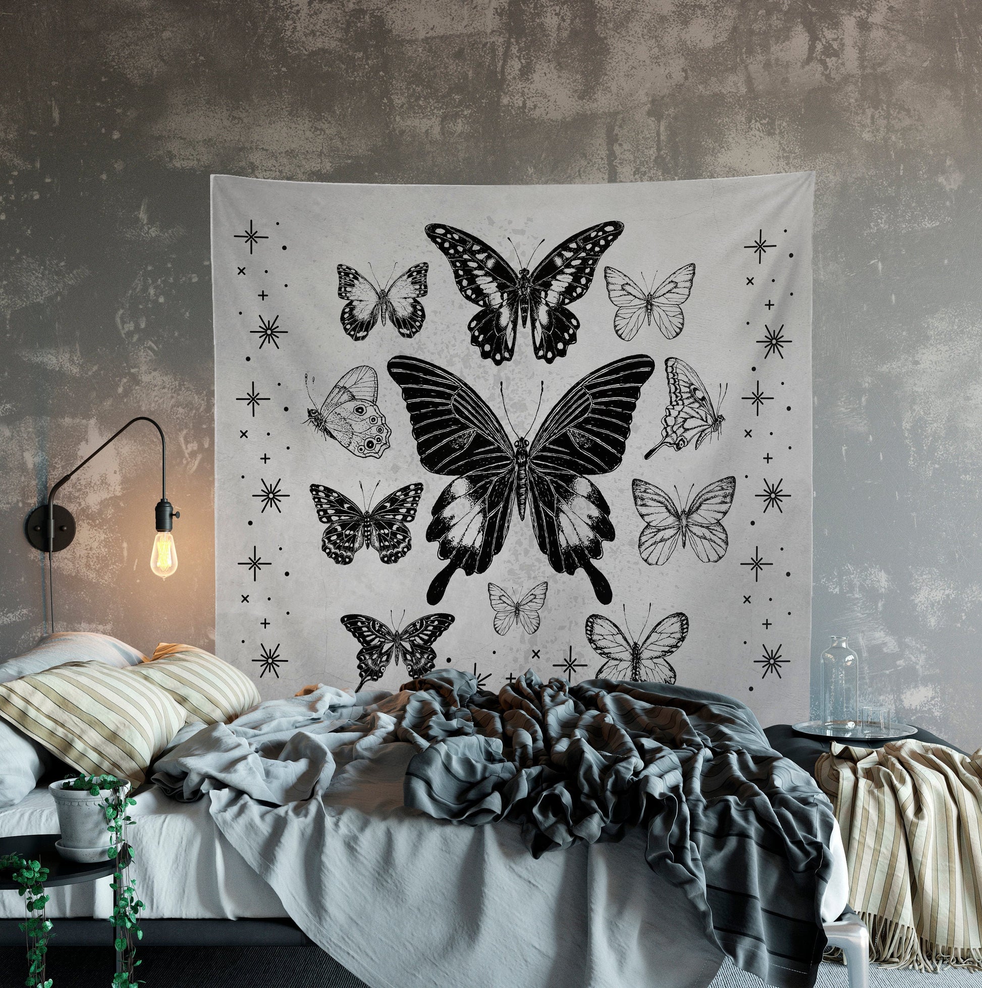 Vintage Butterfly Tapestry Wall Hanging Black and white Meditation Yoga Grunge Hippie by DesignBohemian