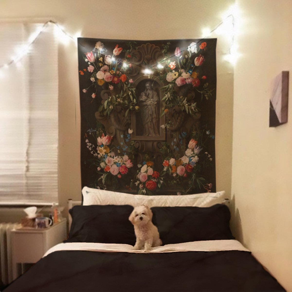 Virgin Mary Tapestry – Floral Garland, Gothic Wall Art
