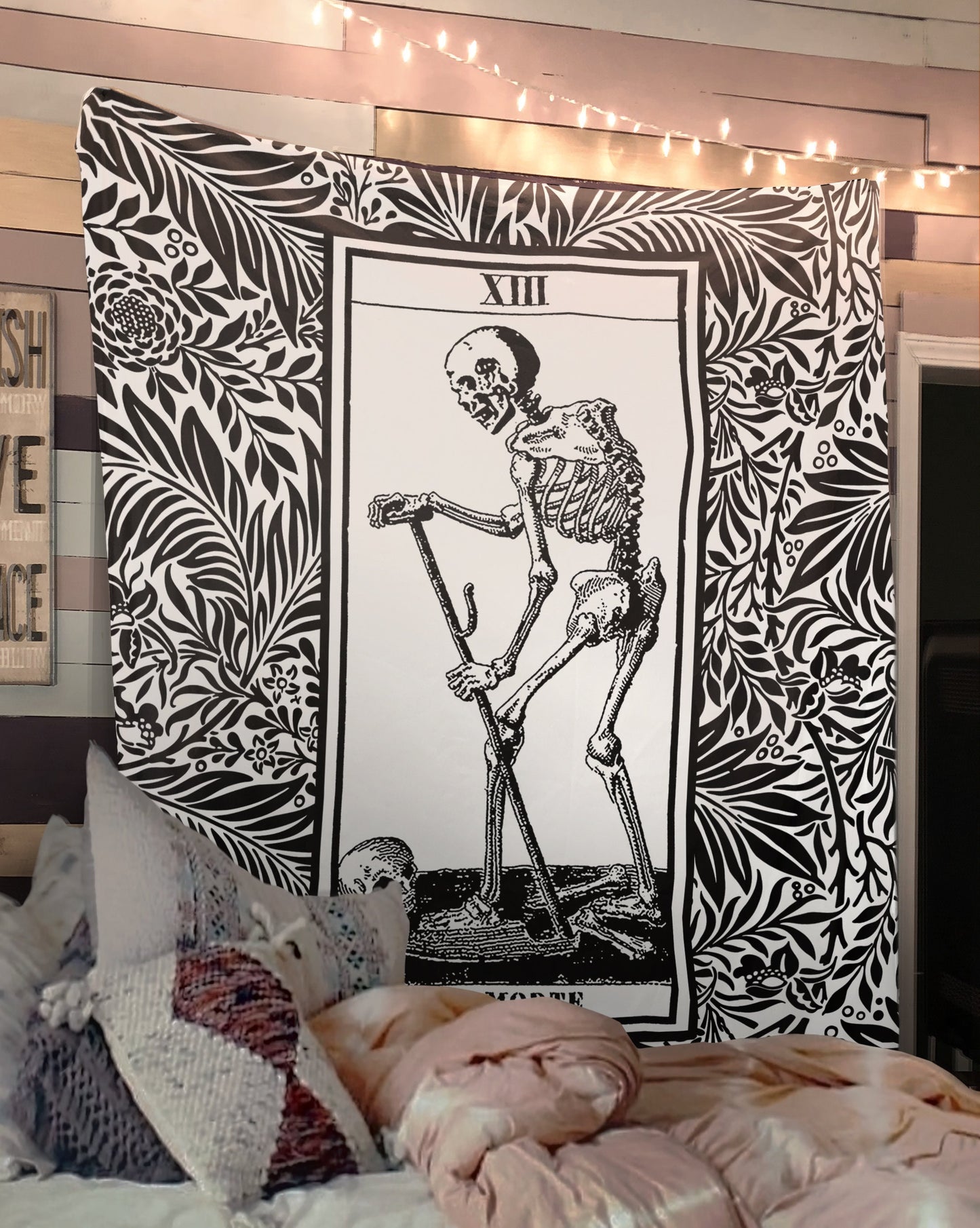Death Tarot Card Tapestry - La Mort Black and Gray Wall Hanging