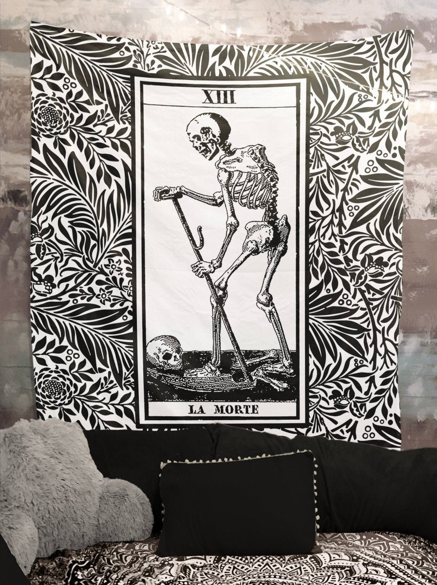 Death Tarot Card Tapestry - La Mort Black and Gray Wall Hanging