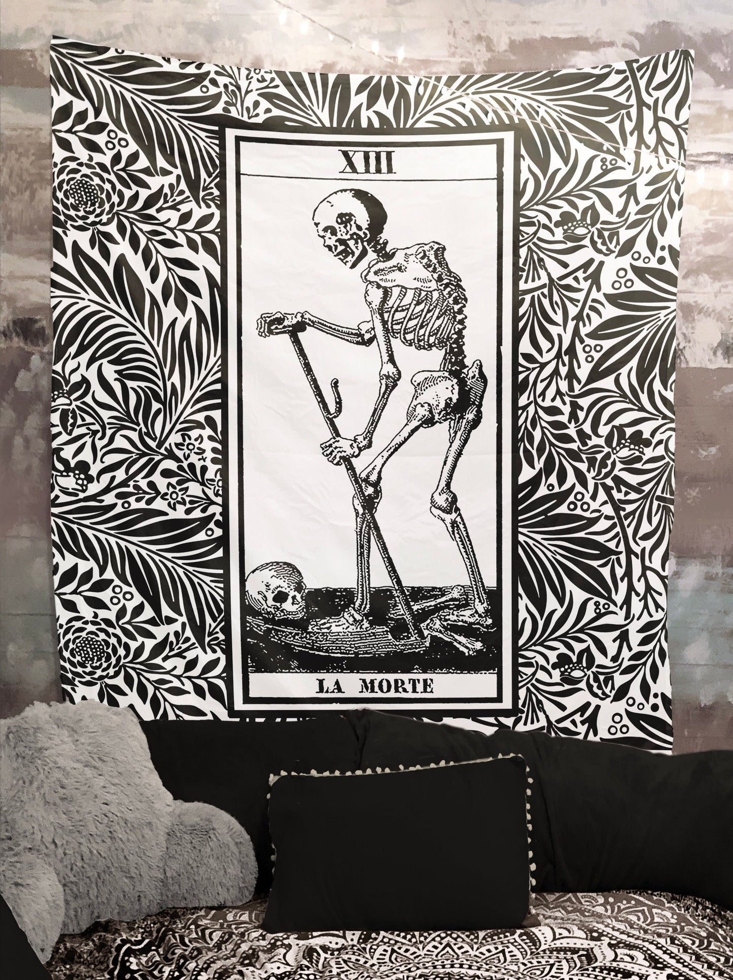 Death Tarot Card Tapestry - La Mort Black and Gray Wall Hanging