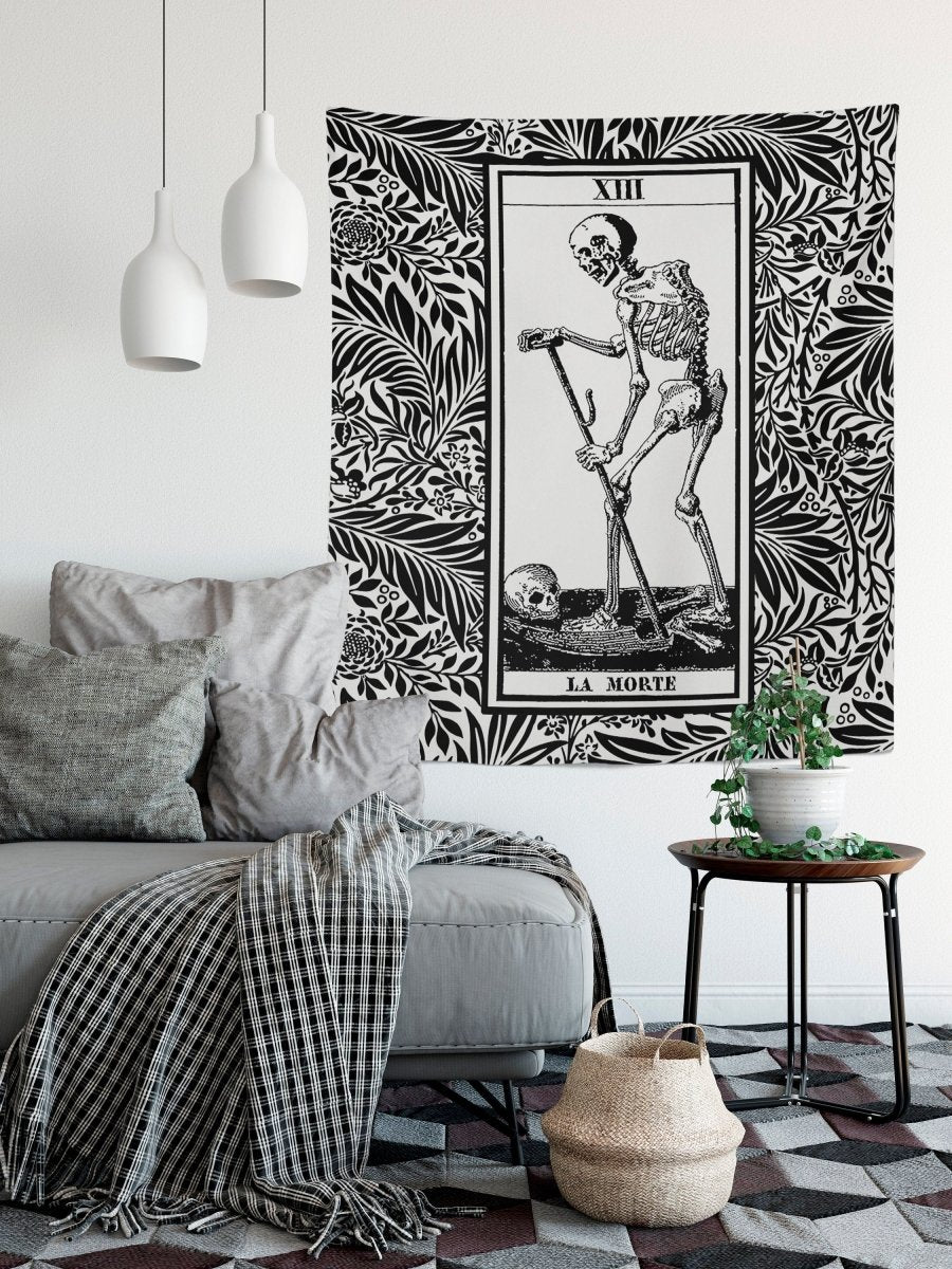 Death Tarot Card Tapestry - La Mort Black and Gray Wall Hanging