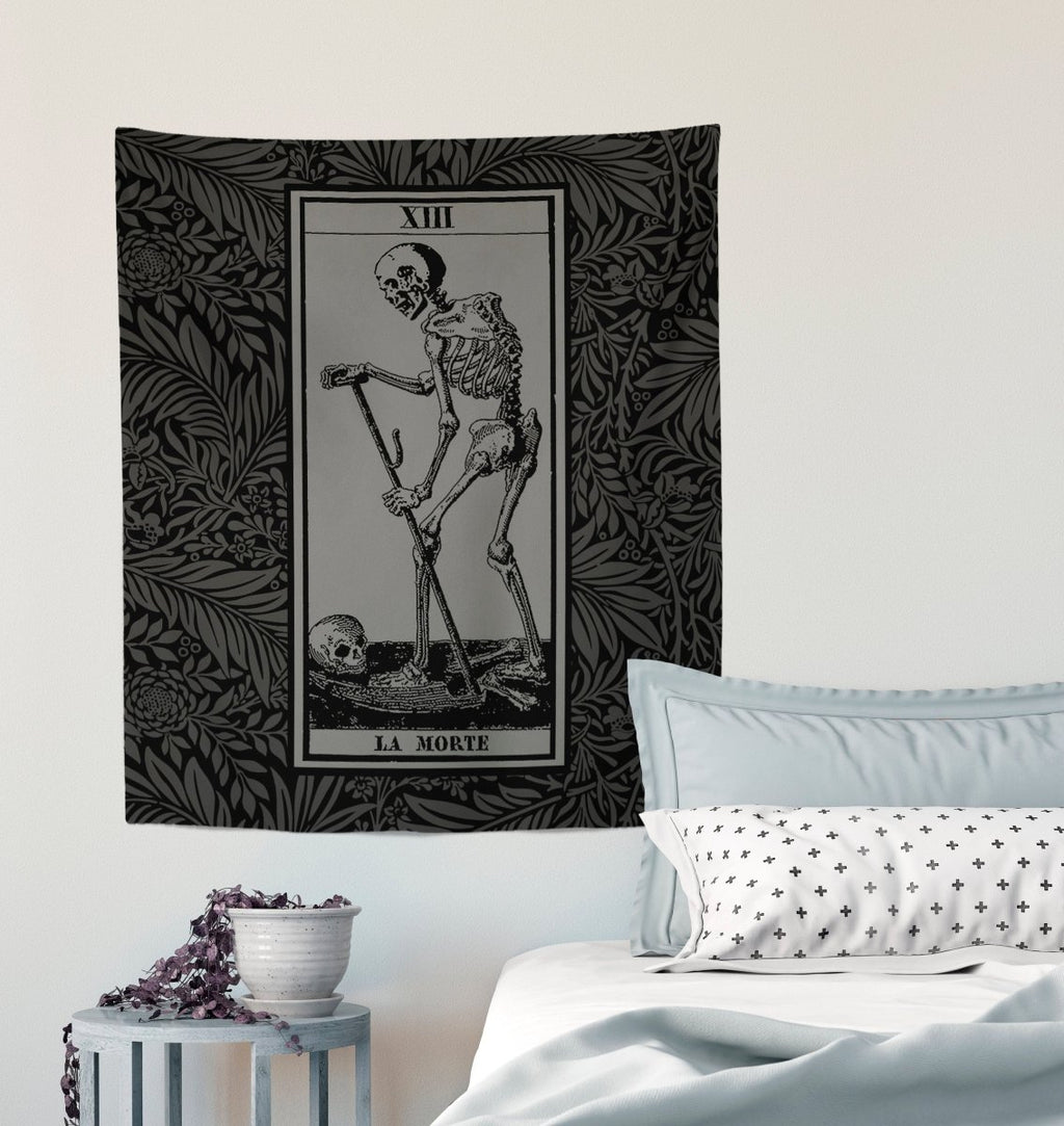 La Mort Tarot Card Tapestry - Death Tarot of Marseille, Black & Gray