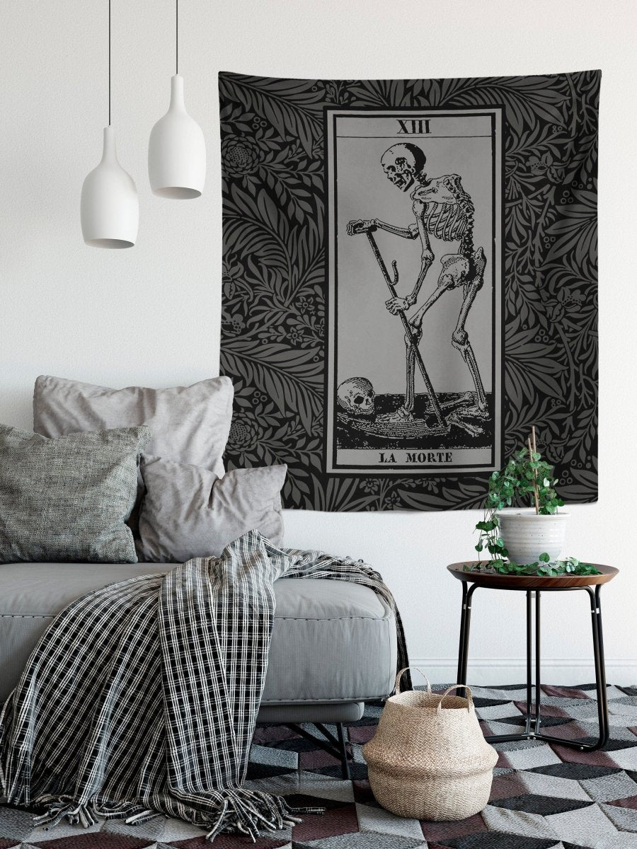 La Mort Tarot Card Tapestry - Death Tarot of Marseille, Black & Gray