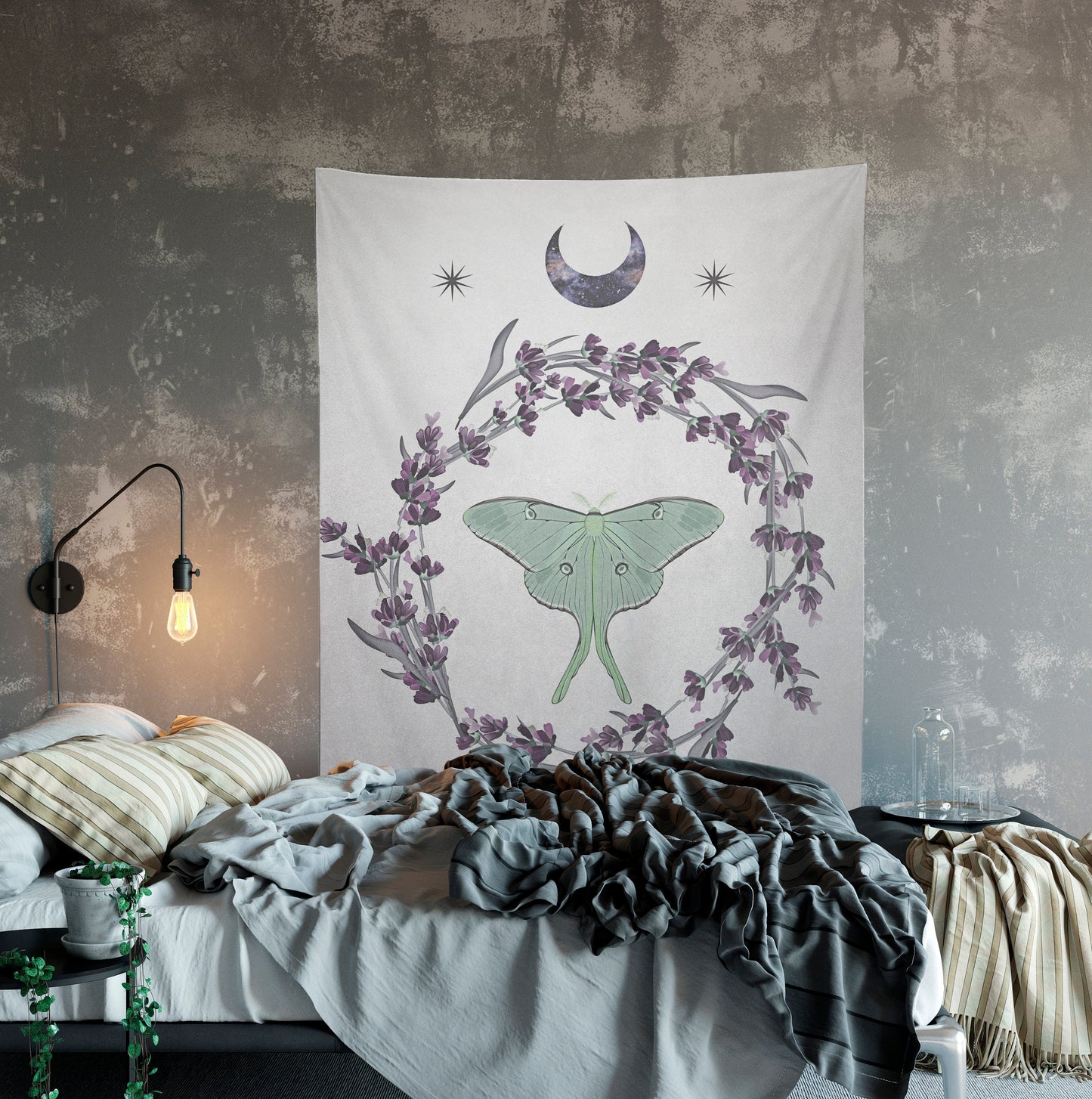 Luna Moth Moon Tapestry Wall Hanging Purple and Green Meditation Yoga Grunge Hippie by DesignBohemian