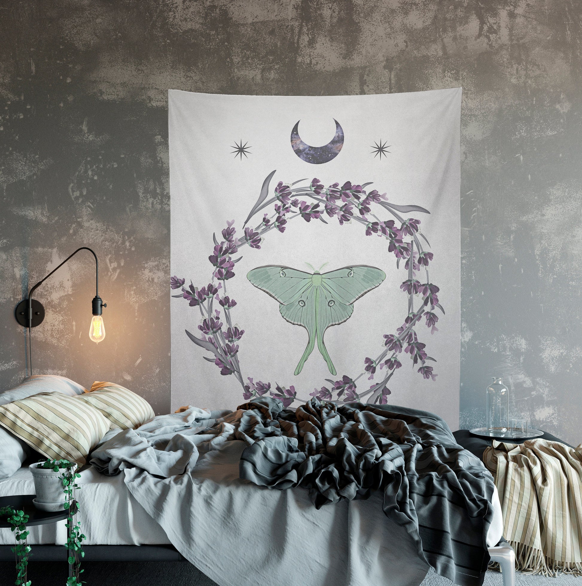 Luna Moth Moon Tapestry Wall Hanging Purple and Green Meditation Yoga Grunge Hippie by DesignBohemian