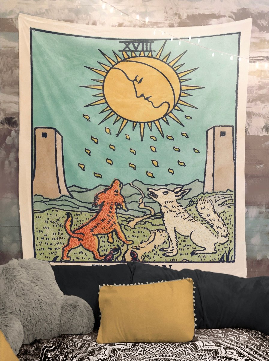 The Moon Tarot Card Tapestry – Rider Waite Smith Design, Teal & Turquoise