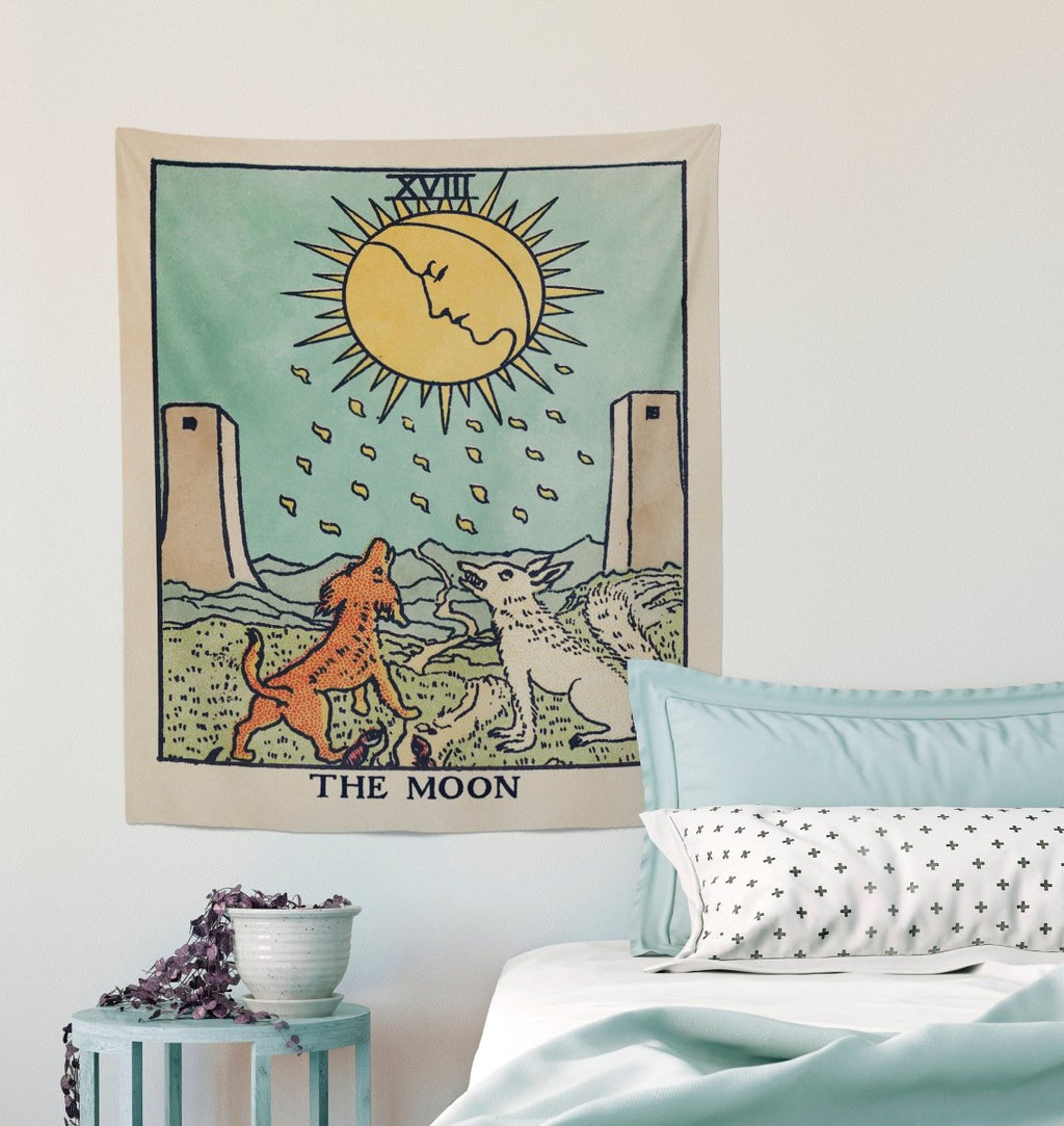 The Moon Tarot Card Tapestry – Rider Waite Smith Design, Teal & Turquoise