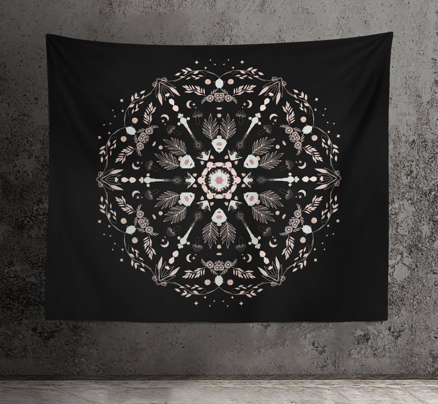 Floral Mandala Tapestry: Rose Gold & Black Meditation Art by DesignBohemian