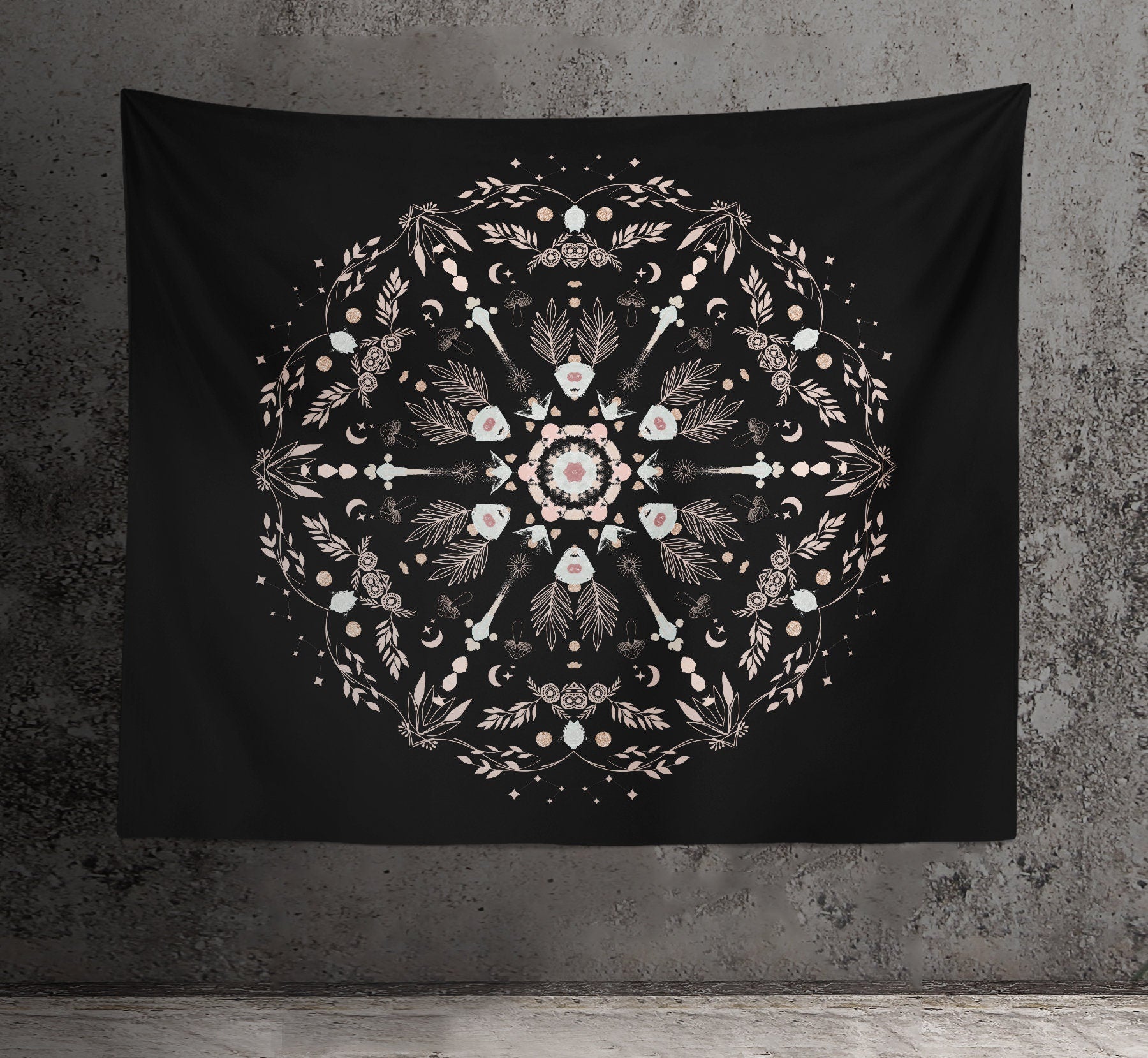 Floral Mandala Tapestry: Rose Gold & Black Meditation Art by DesignBohemian