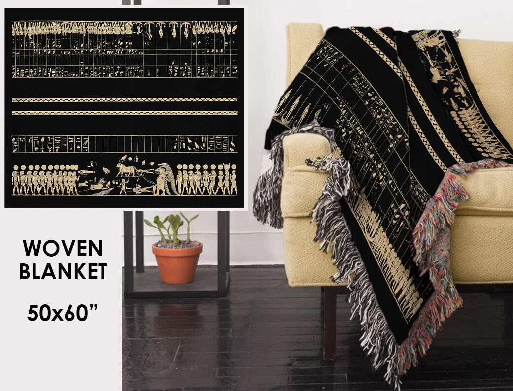 Egyptian Zodiac Tapestry Blanket: Thebes Tomb Art, Cotton Woven Throw