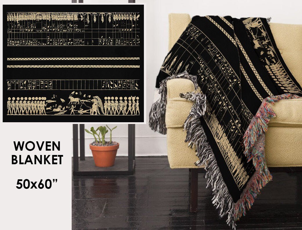 Egyptian Zodiac Tapestry Blanket: Thebes Tomb Art, Cotton Woven Throw