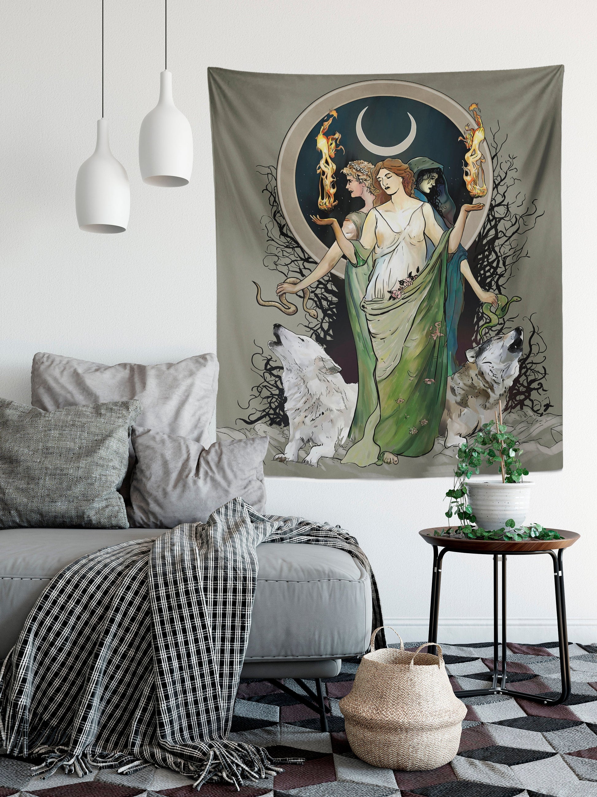 Hecate Tapestry: Moon Goddess, Wolves, Witchy Gothic Art by DesignBohemian