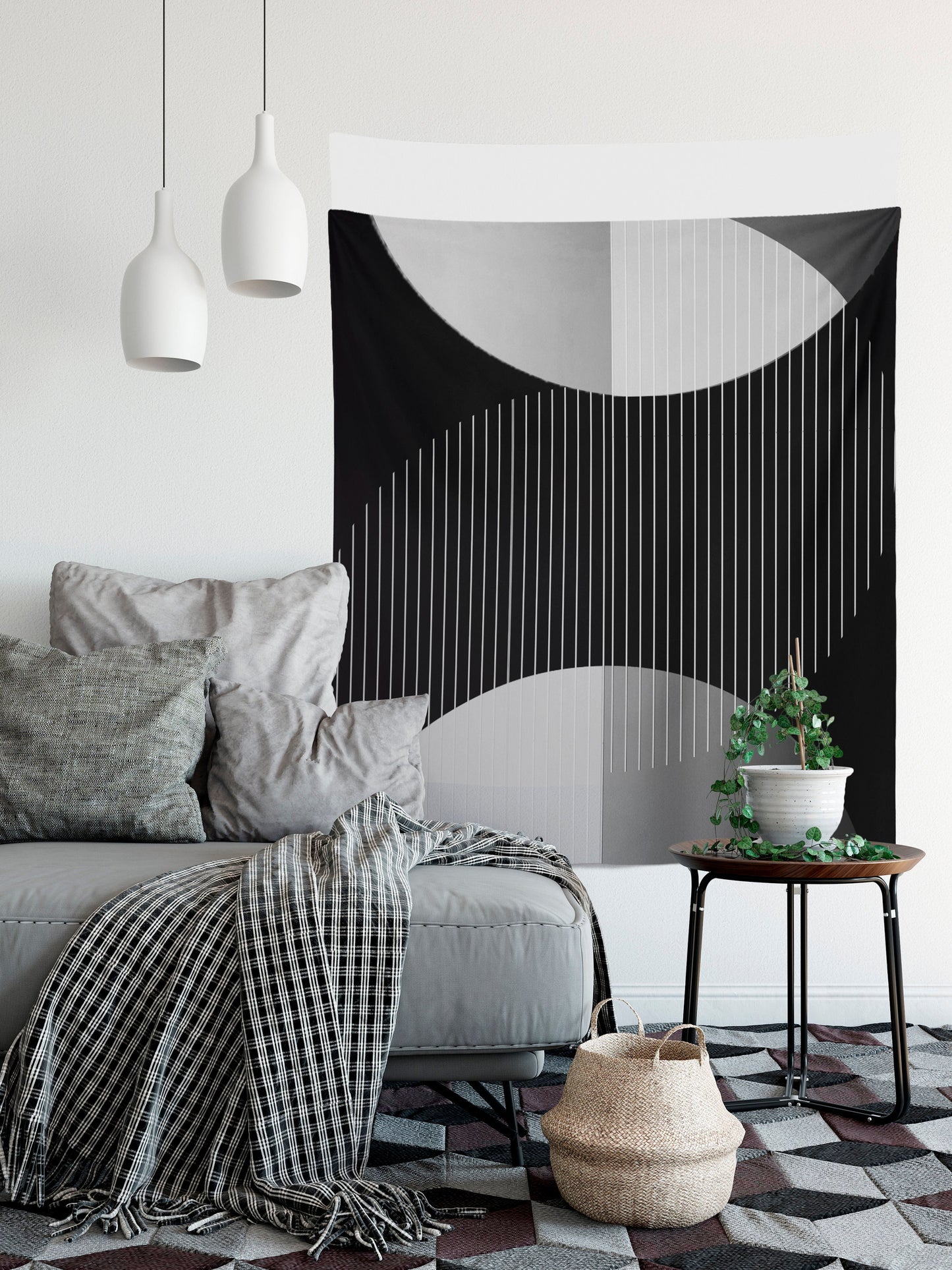 Geometric Circles Tapestry: Black and White Bohemian Wall Hanging by DesignBohemian