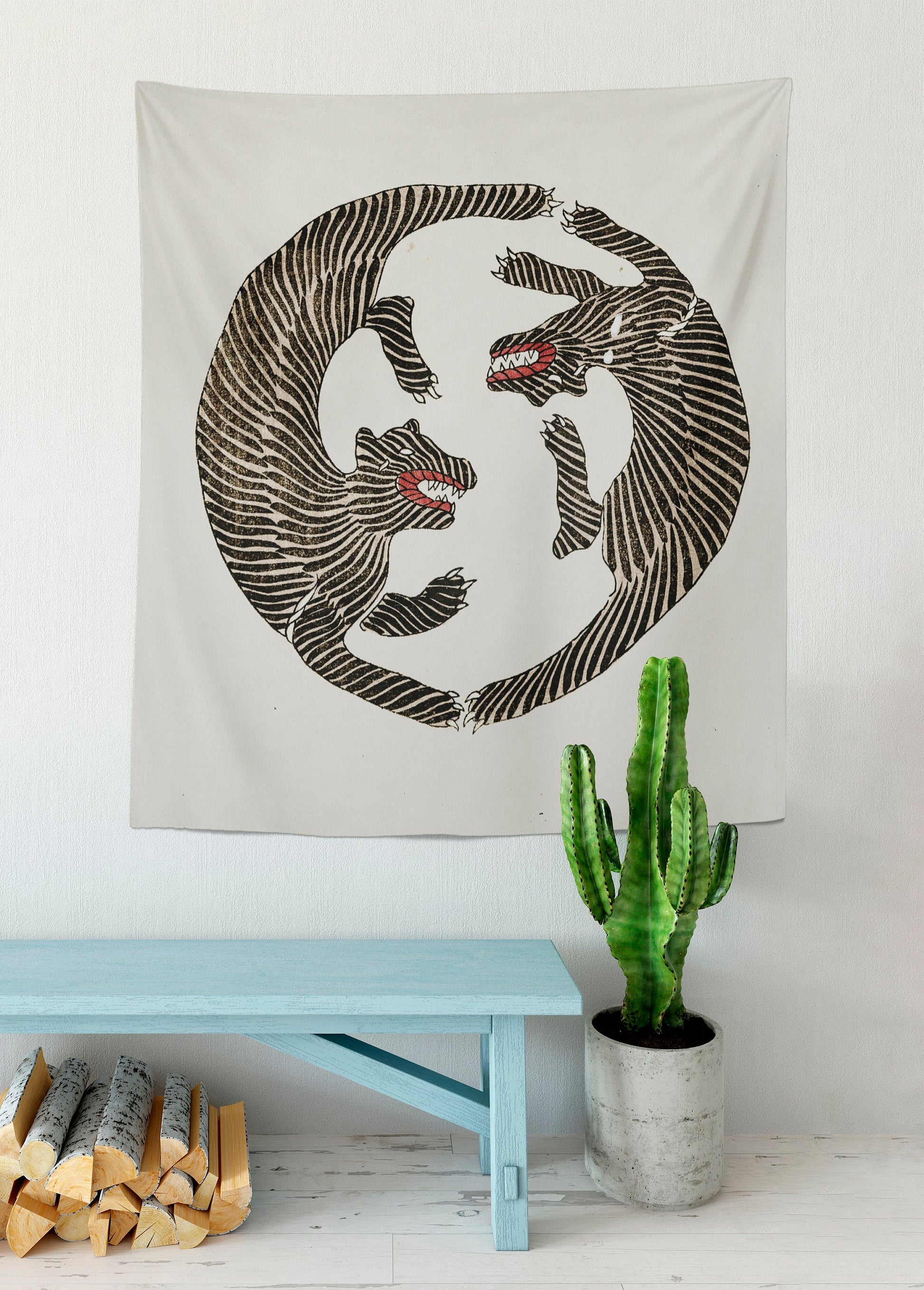 Woodblock Print of Tigers-(1860-1869) by Taguchi Tomoki Tiger Tapestry