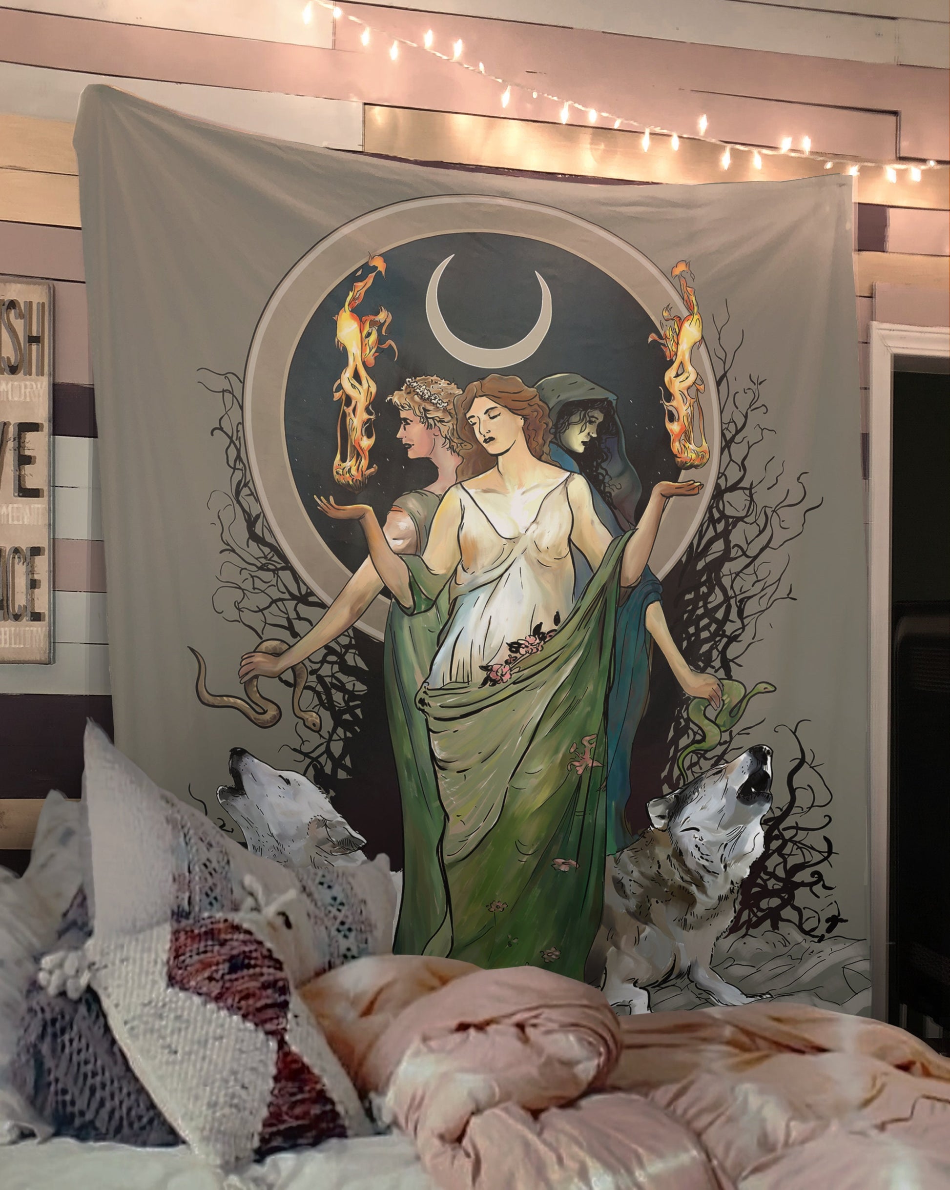Hecate Tapestry: Moon Goddess, Wolves, Witchy Gothic Art by DesignBohemian