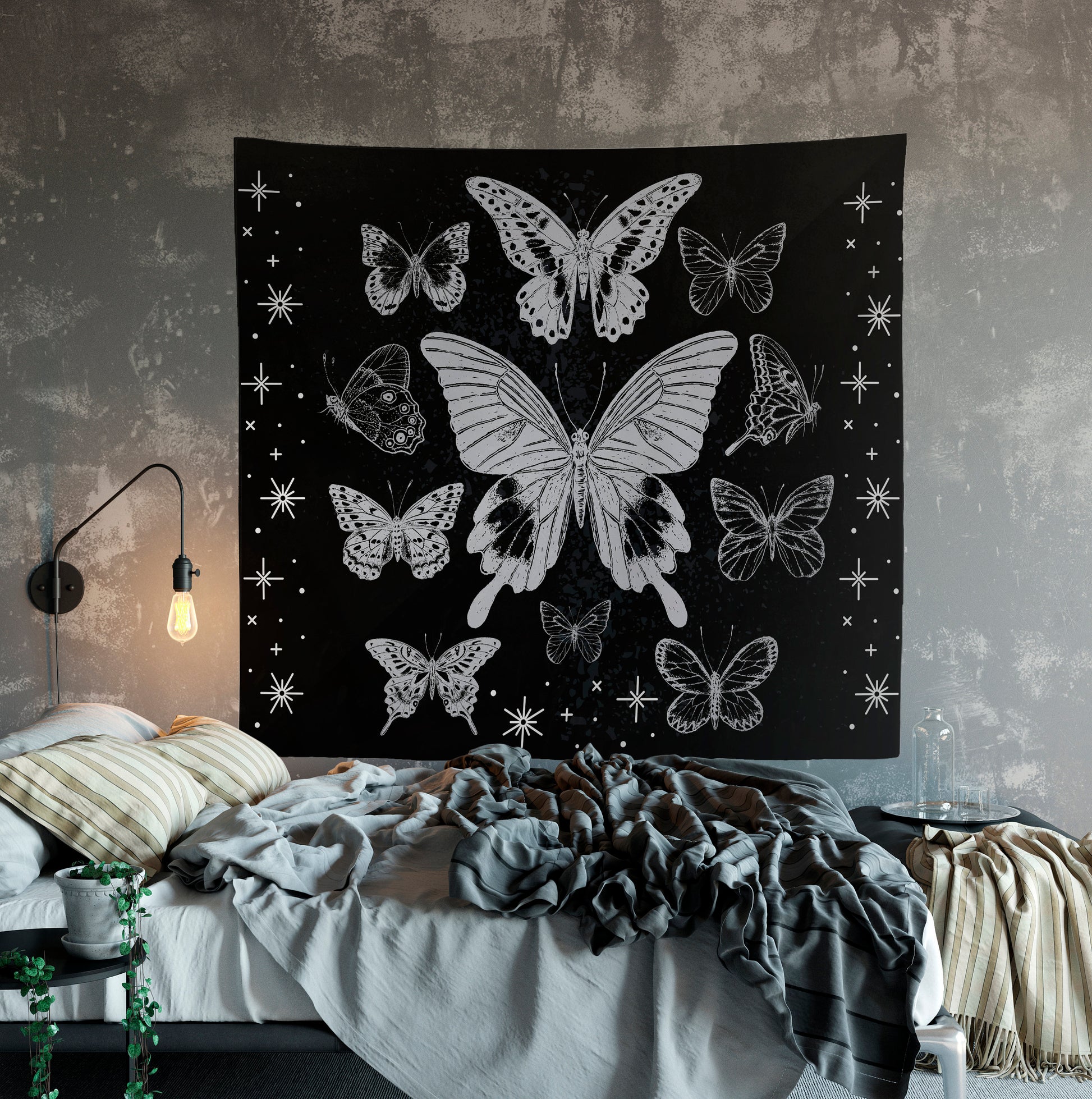 Vintage Butterfly Tapestry Wall Hanging Black And White Meditation Yoga Grunge Hippie by DesignBohemian