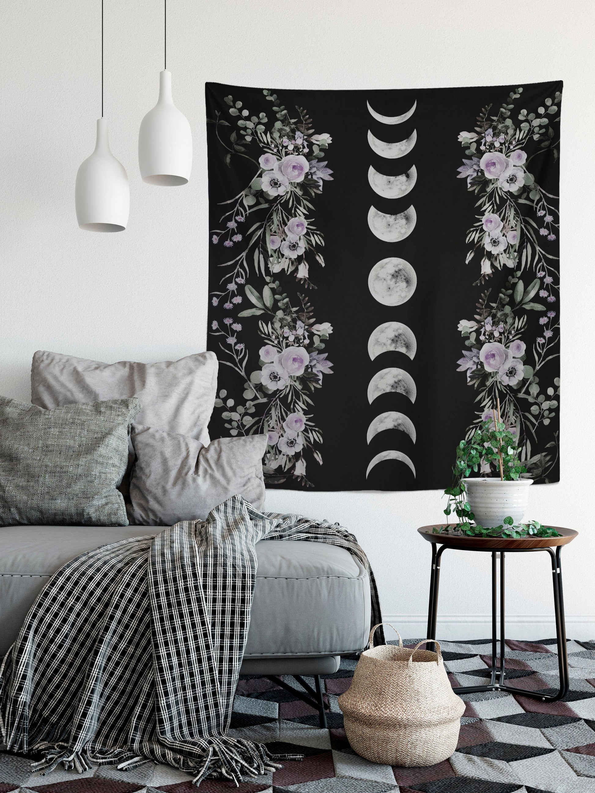 Black Moon Phases Tapestry - Floral Alchemy Gothic Meditation Hippie Wall Hanging by DesignBohemian
