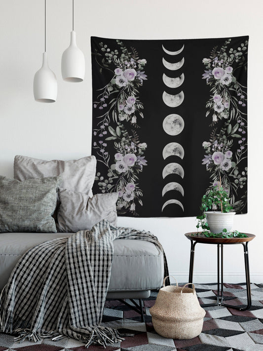 Black Moon Phases Tapestry - Floral Alchemy Gothic Meditation Hippie Wall Hanging by DesignBohemian