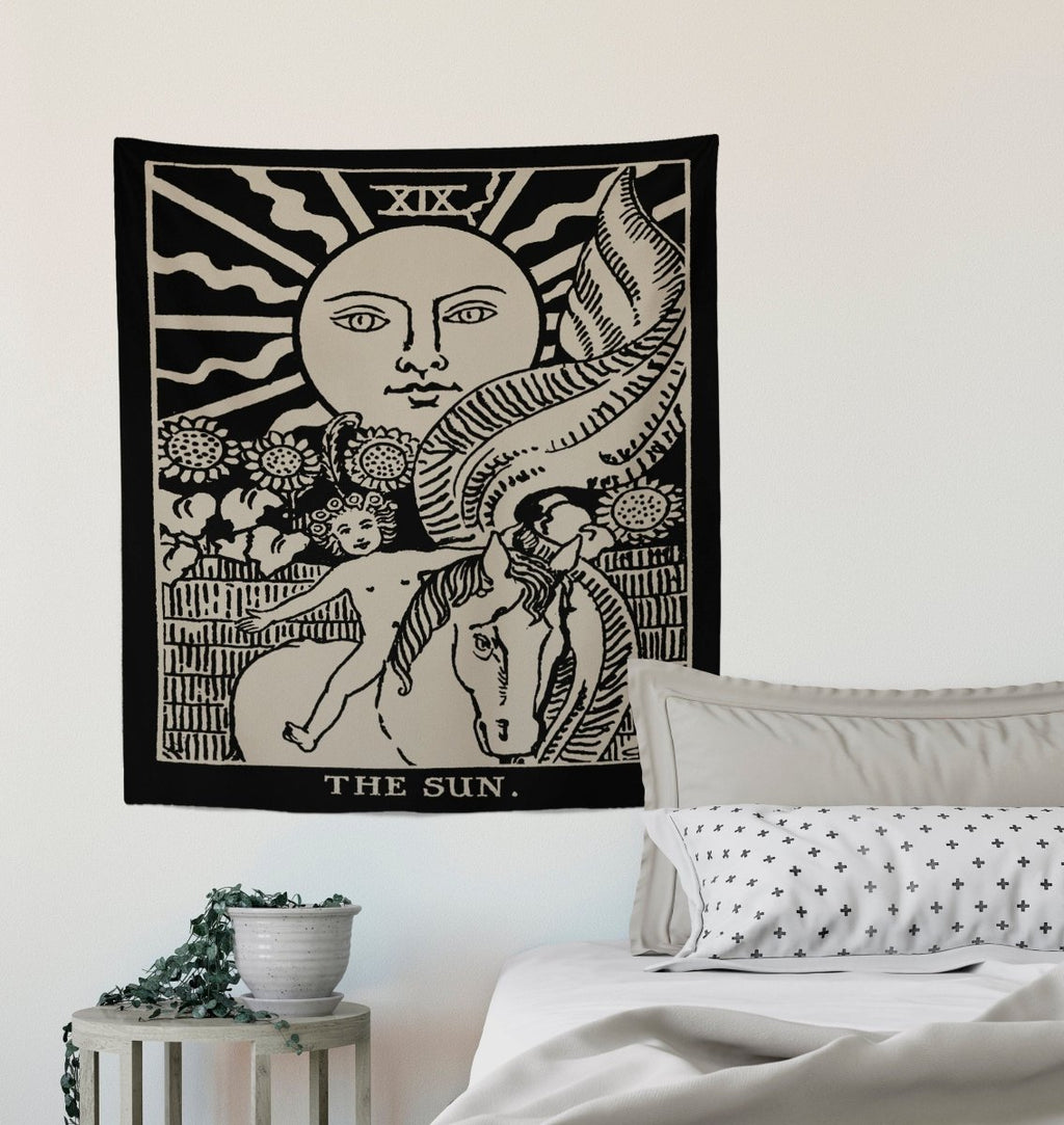 The Sun Tarot Card Tapestry - Rider Waite Black Art