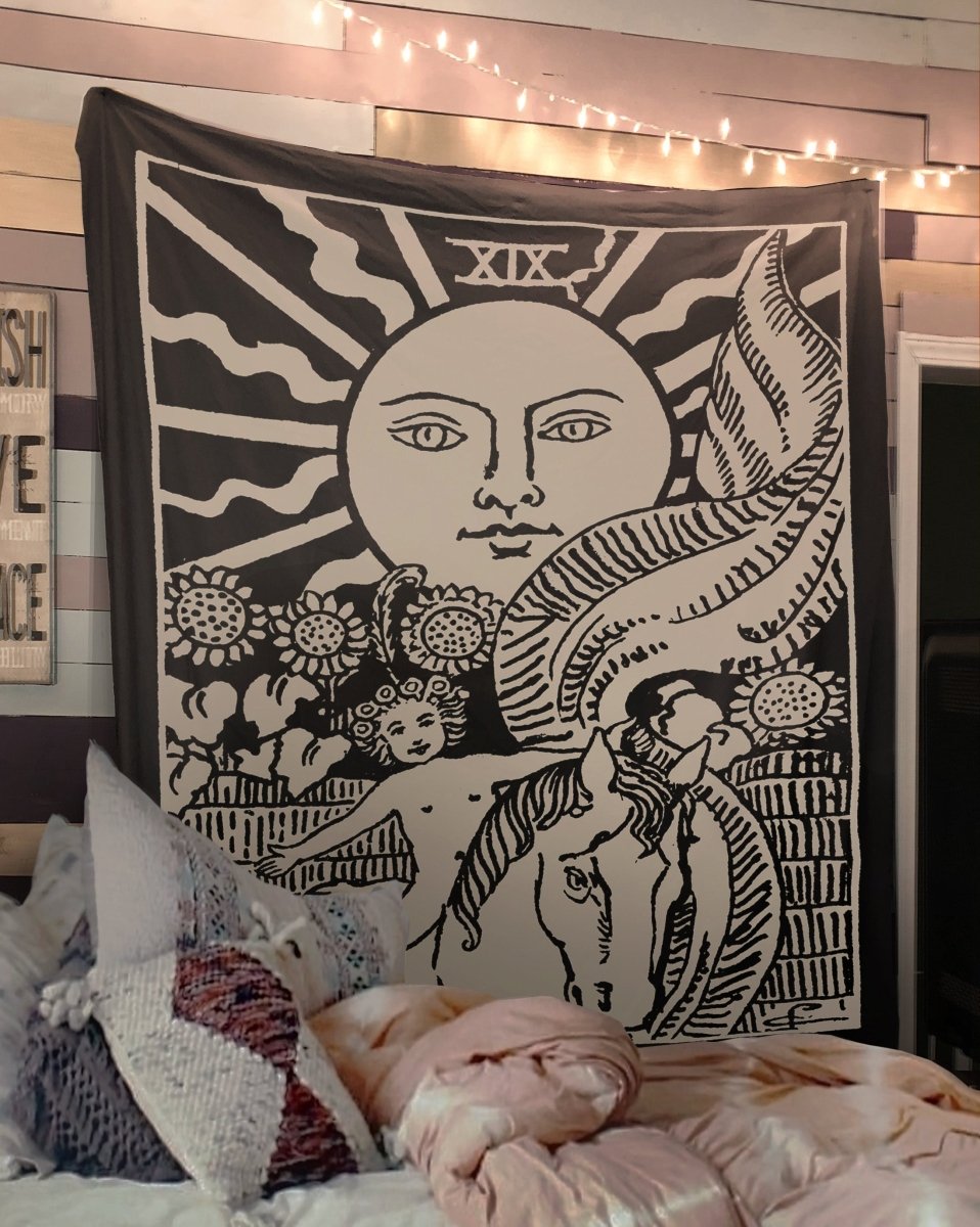 The Sun Tarot Card Tapestry - Rider Waite Black Art