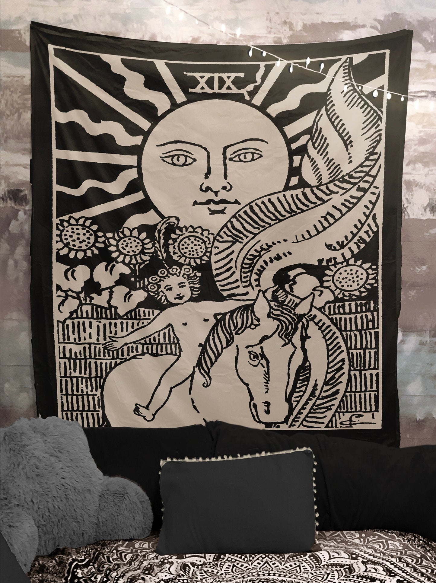The Sun Tarot Card Tapestry - Rider Waite Black Art