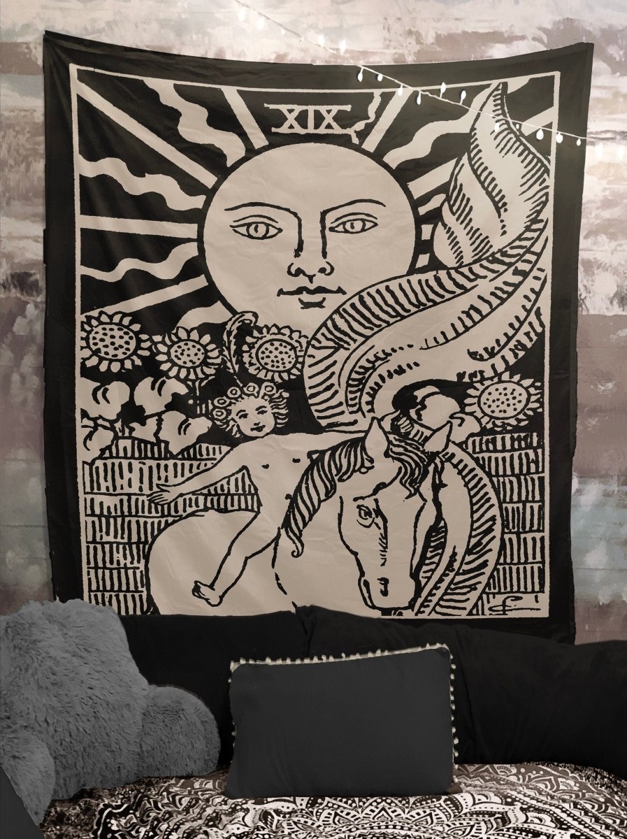 The Sun Tarot Card Tapestry - Rider Waite Black Art