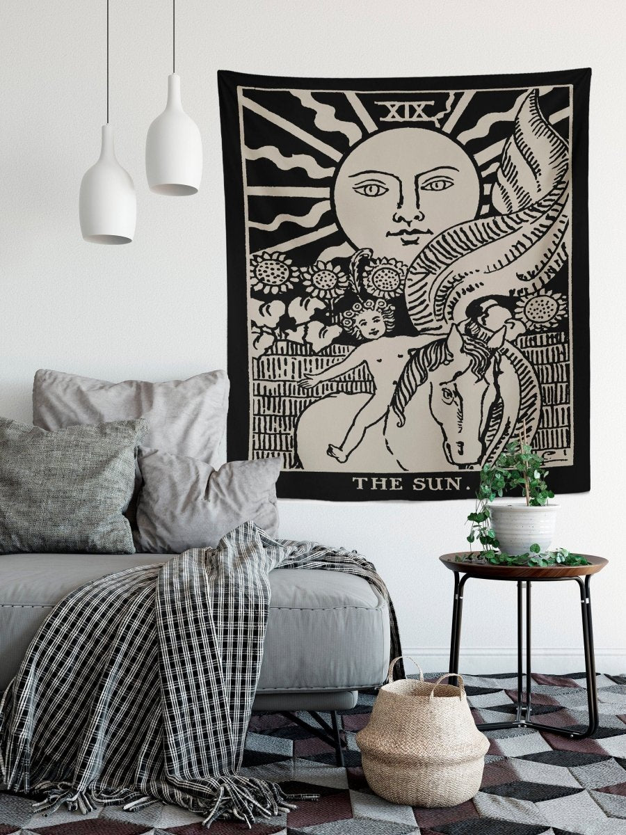 The Sun Tarot Card Tapestry - Rider Waite Black Art