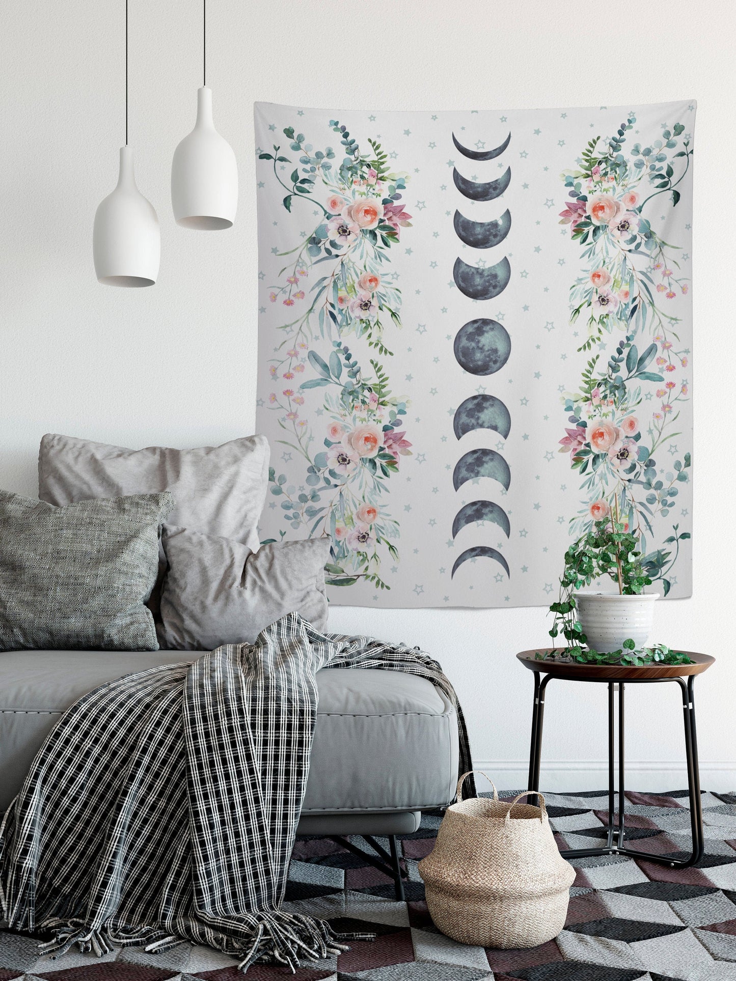 Blue Moon Phases Tapestry - Floral Alchemy Gothic Meditation Hippie Wall Hanging by DesignBohemian