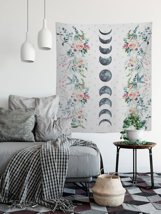 Blue Moon Phases Tapestry - Floral Alchemy Gothic Meditation Hippie Wall Hanging by DesignBohemian